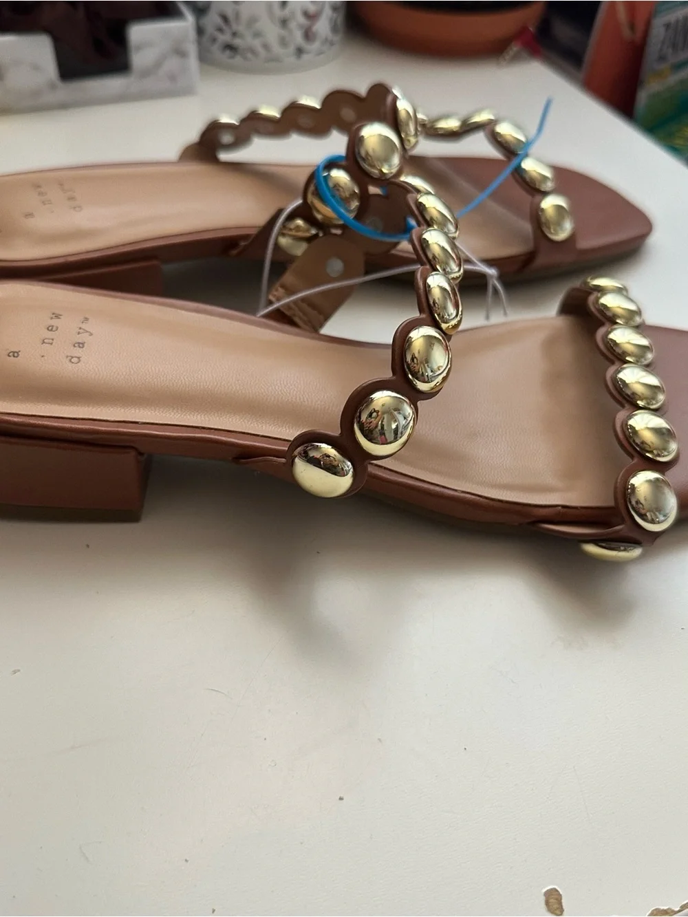 a new day Tan Slide Sandals with Gold Stud Accents size 8.5